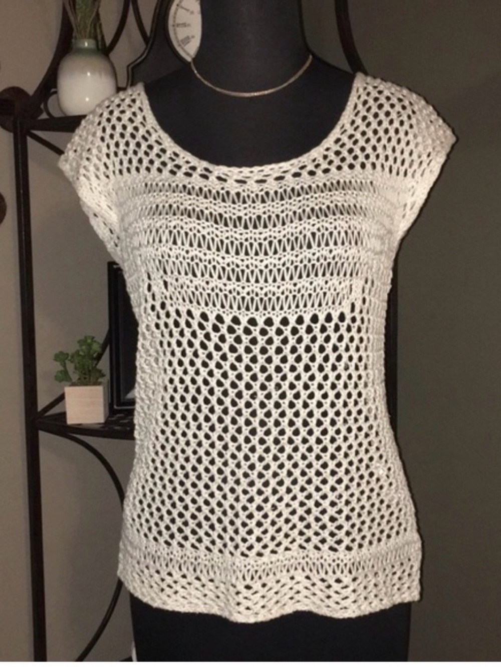 Converse Crochet Open-Knit Short Sleeve Top in Cream